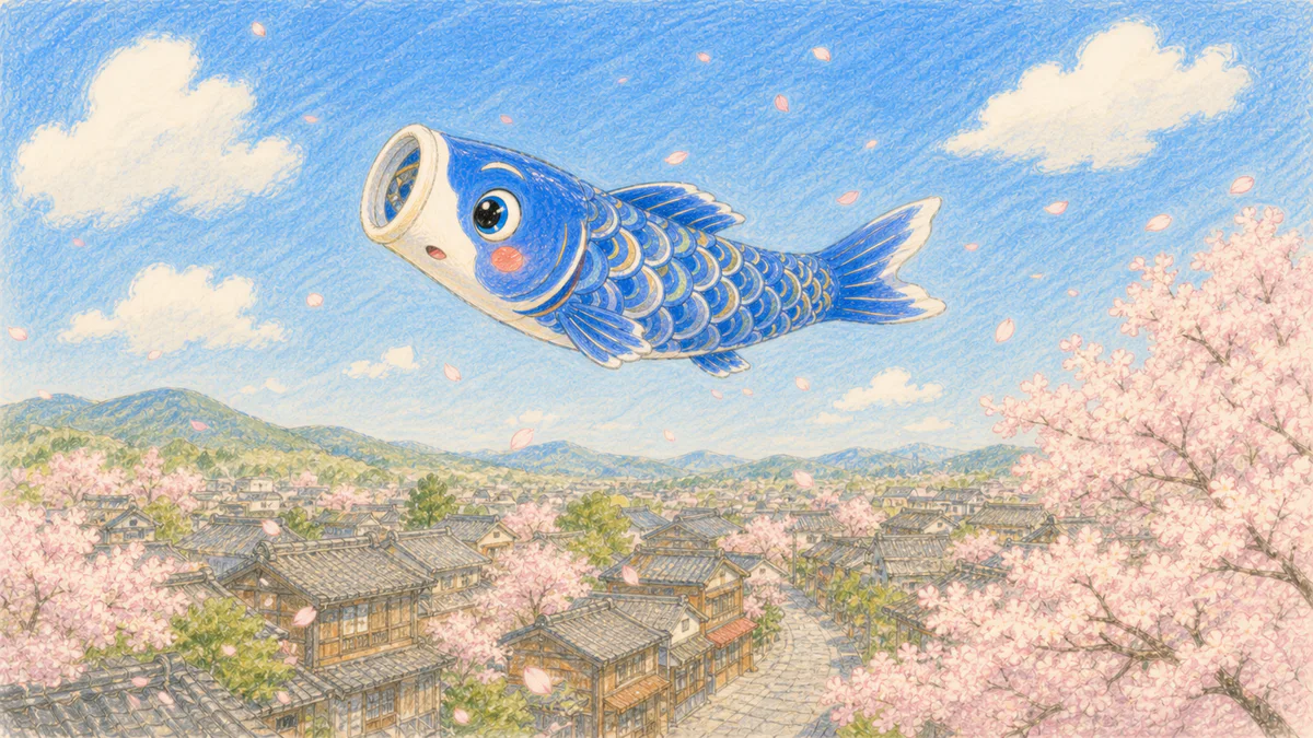桜の町の青空を泳ぐ、こいのぼりを描いたアニメーション背景