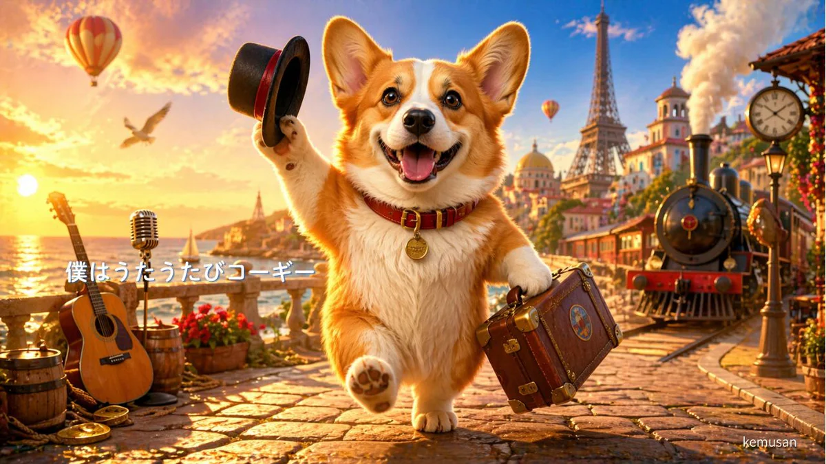 旅支度をしたコーギーが音楽とともに町へ踏み出す作品ビジュアル