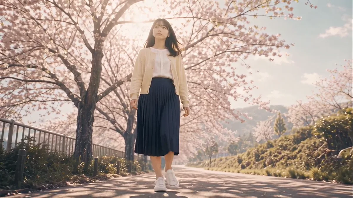 桜の光の中に立つ人物を映画的に捉えたミュージックビデオの一場面